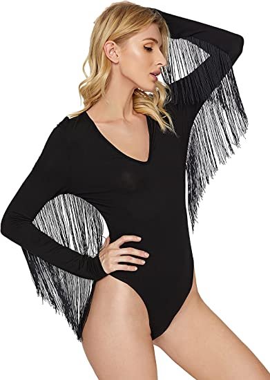 Women's Fringe Trim V Neck Long Sleeve Bodysuit