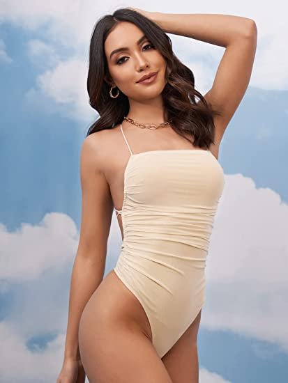 Women's Crisscross Tie Backless Mesh Cami Bodysuit