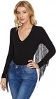 Women's Fringe Trim V Neck Long Sleeve Bodysuit